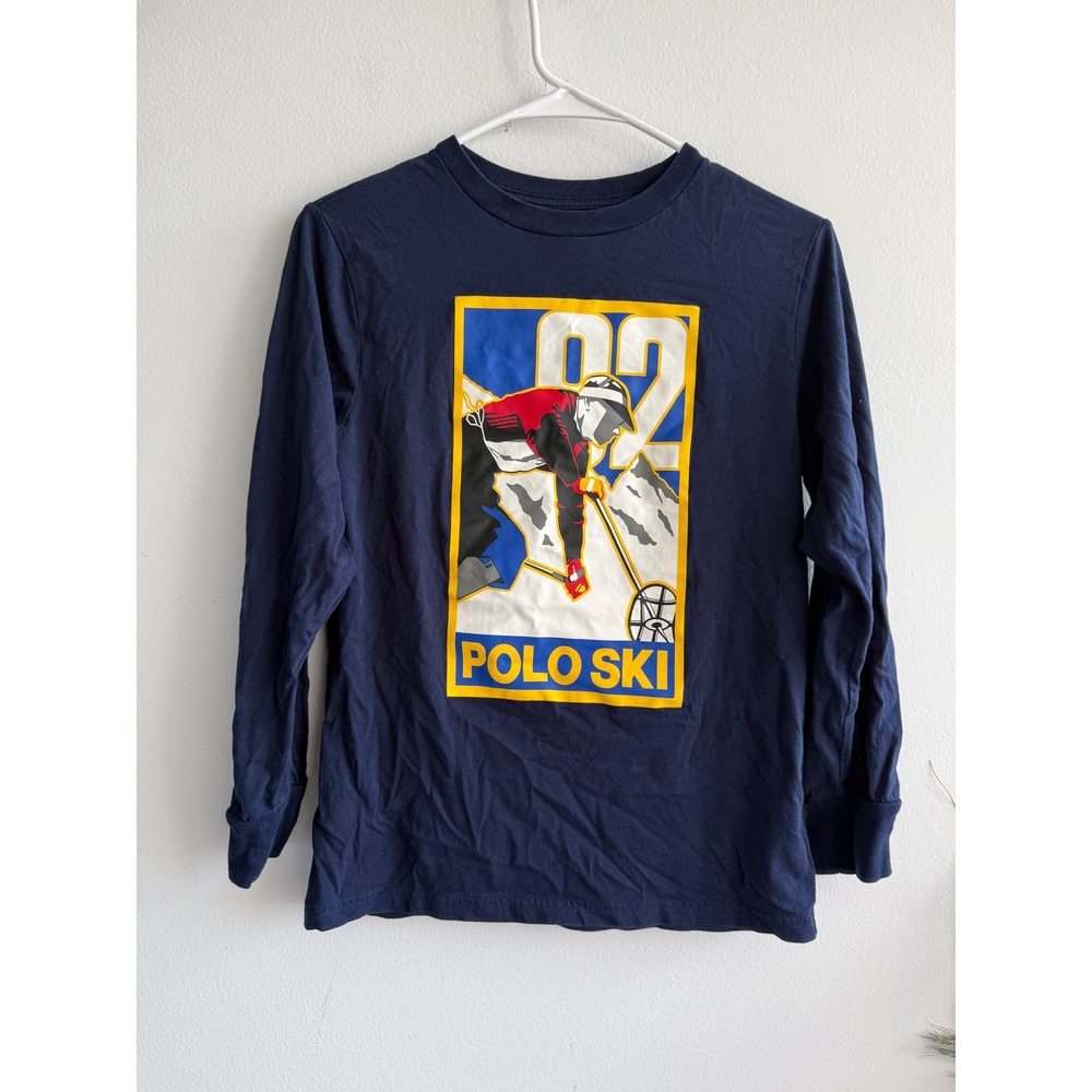 Polo‎ Ralph Lauren Kids Navy Blue Long Sleeve Polo Ski 92 Graphic Tee Sz M 10-12